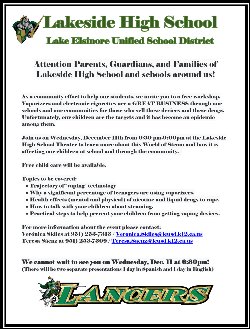 A community event to get the facts about vaping. 6:30 p.m., Wednesday, December 11, 2019, hosted by Lakeside High School.